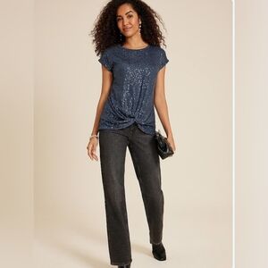 NWT Maurices Edgely Dark Gray Sequin Twist Hem Short Sleeve Top